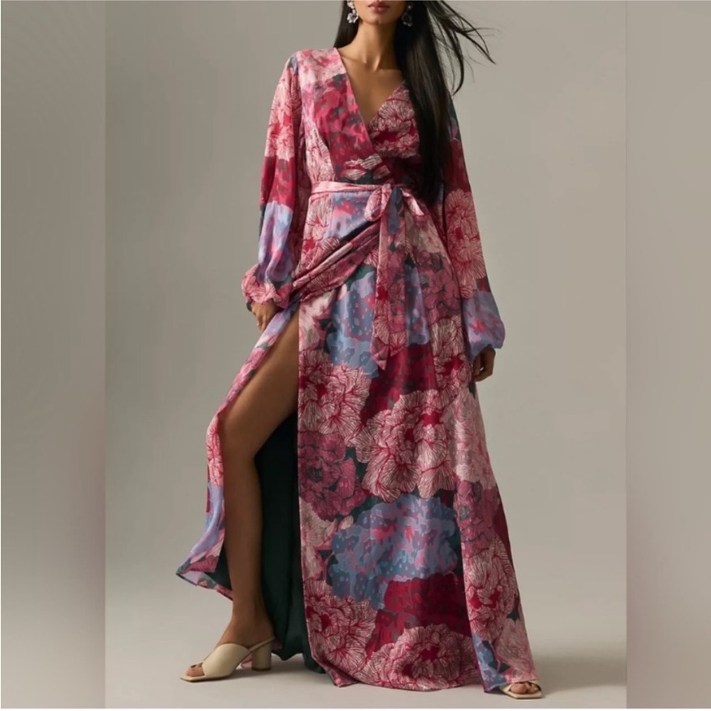 Anthropologie Red and Blue Floral Long Sleeve Dress